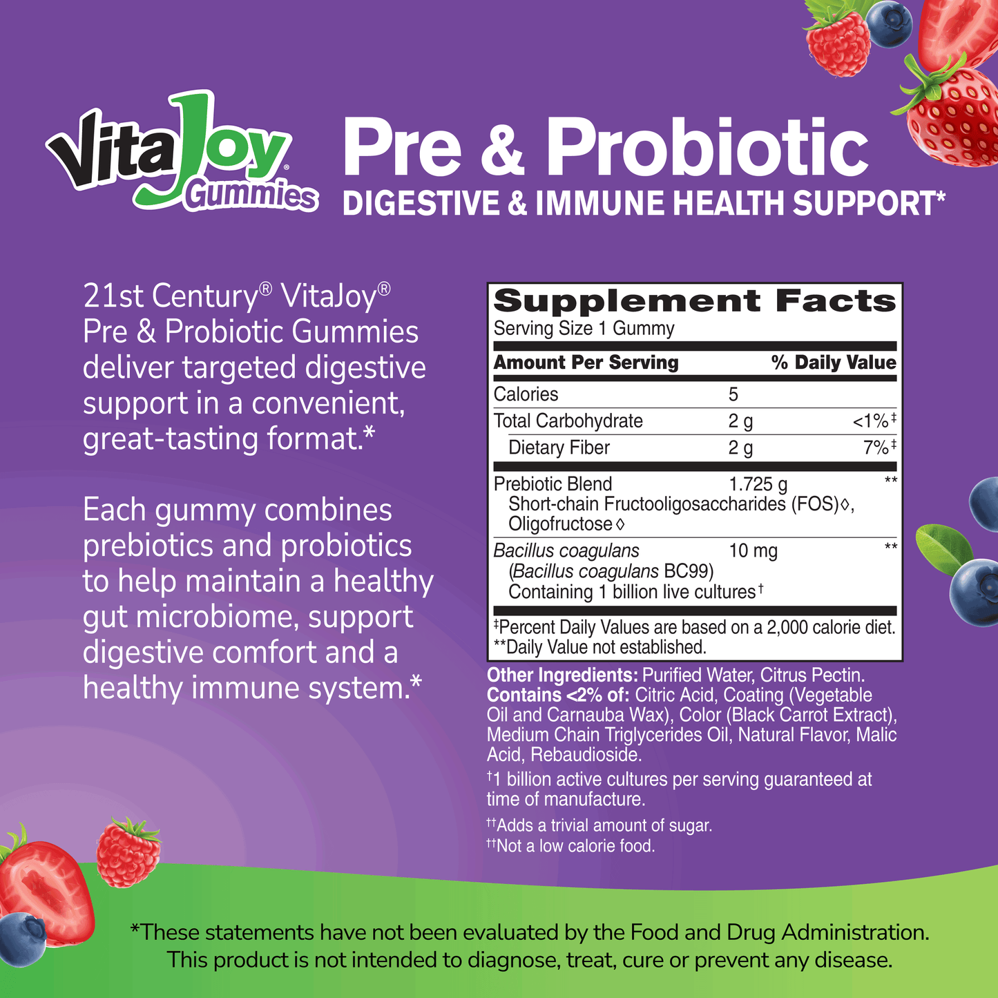 VitaJoy Pre & Probiotic Gummies supplement facts label on a purple background with fruit graphics.