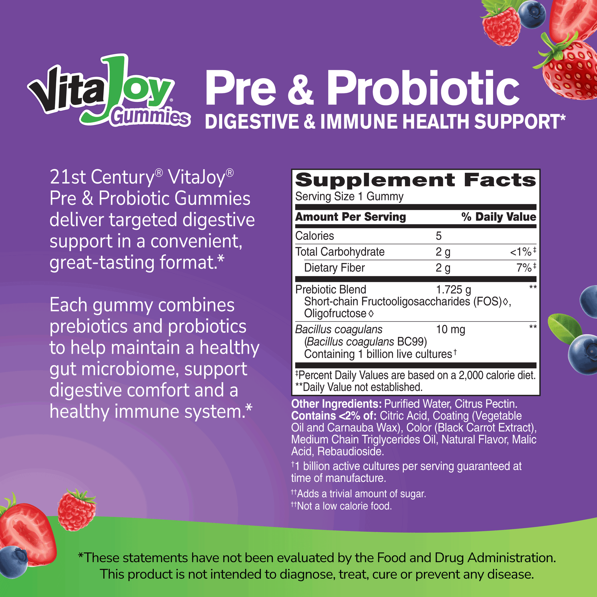 VitaJoy Pre & Probiotic Gummies supplement facts label on a purple background with fruit graphics.