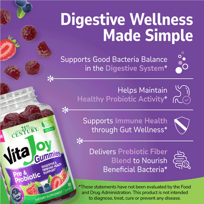 VitaJoy Pre & Probiotic gummies supplement bottle with purple background and text about digestive wellness.