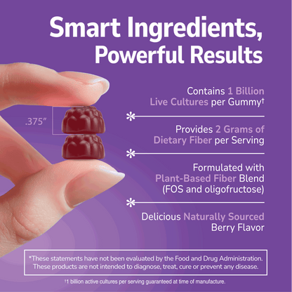 Hand holding a gummy with text about smart ingredients and powerful results on a purple background
