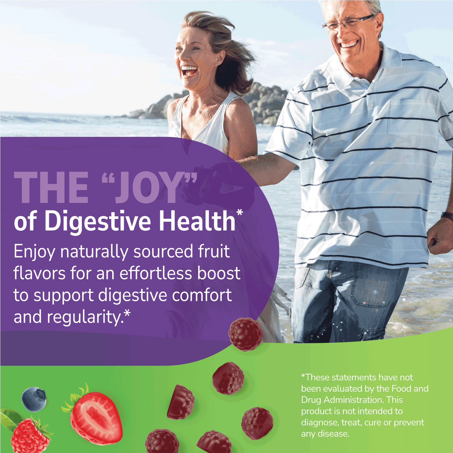 Man and woman walking on a beach with promotional text about digestive health and naturally sourced fruit flavors.