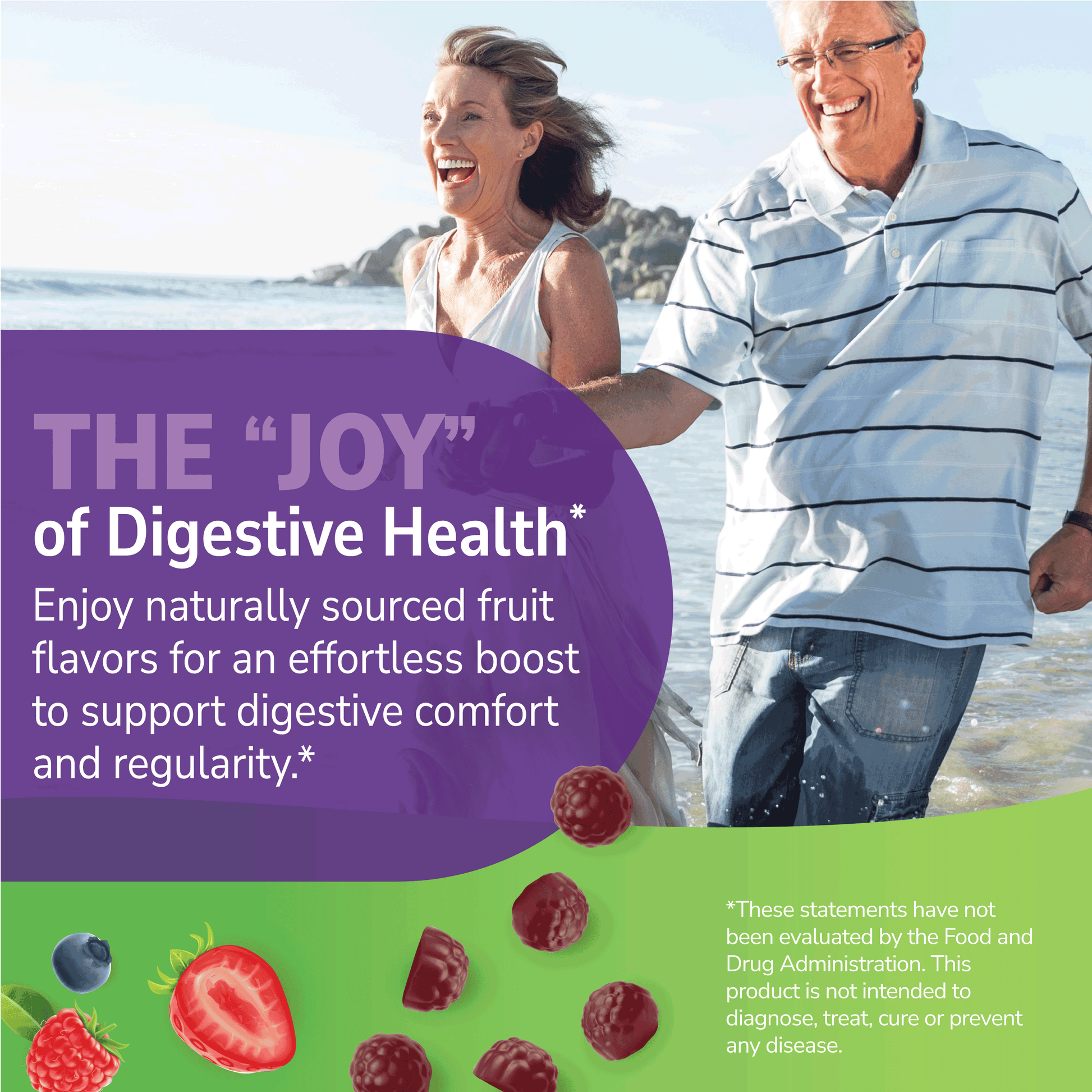 Man and woman walking on a beach with promotional text about digestive health and naturally sourced fruit flavors.