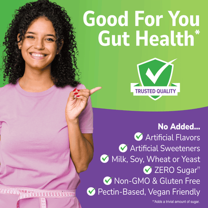 Woman pointing to a 'Good For You Gut Health' label with green and purple background