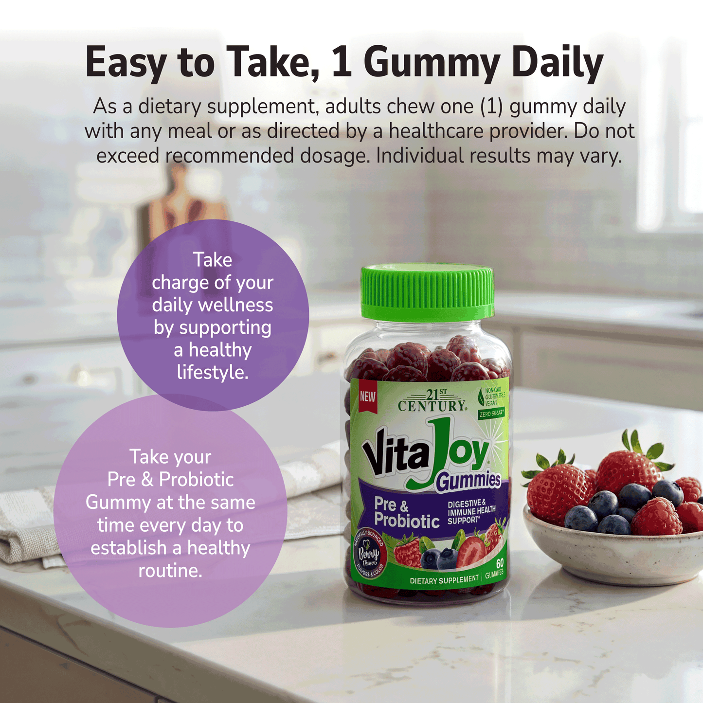 VitaJoy Pre & Probiotic gummies bottle on a kitchen counter with text about daily consumption.
