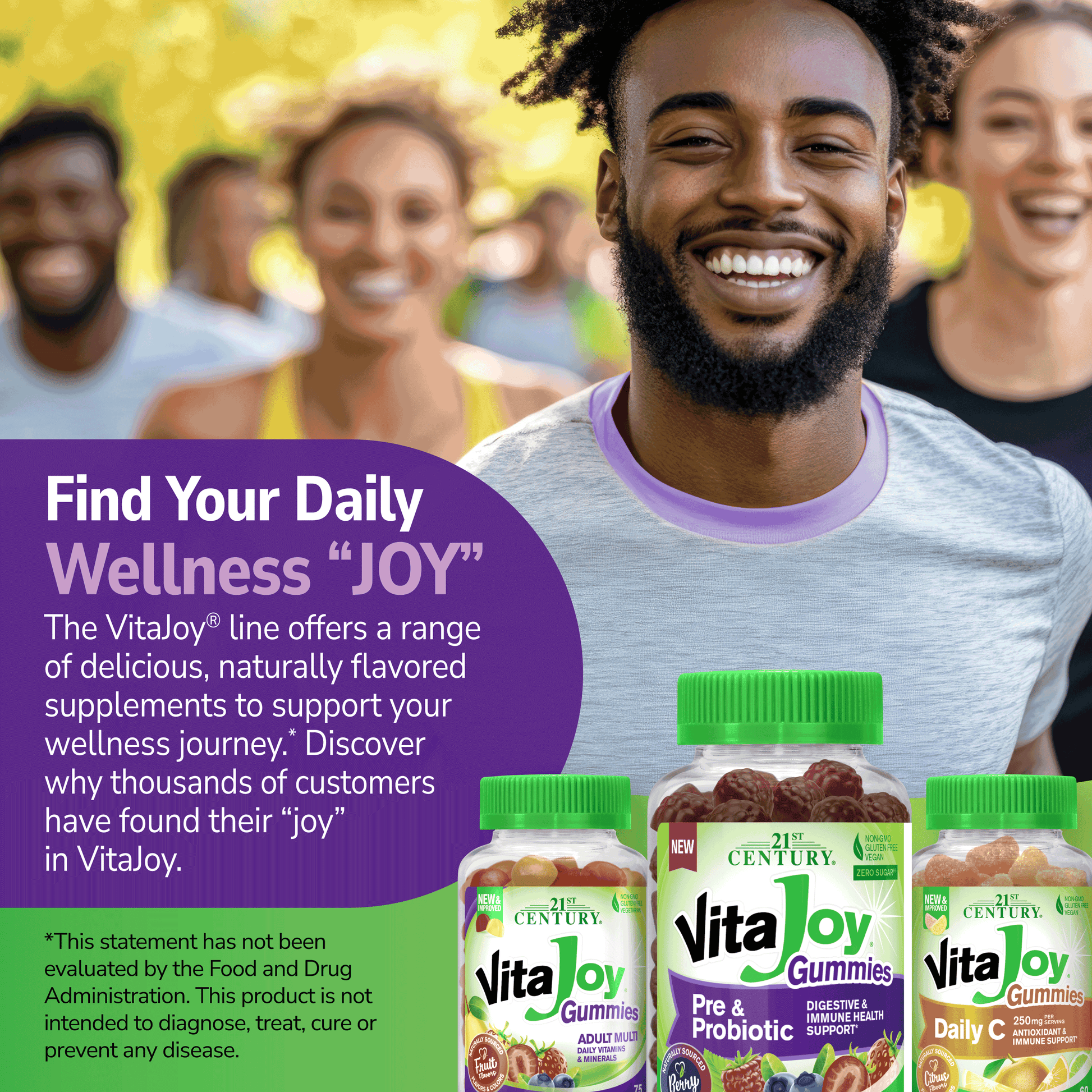 Advertisement for VitaJoy Pre & Probiotic gummies with a man and friends in the background
