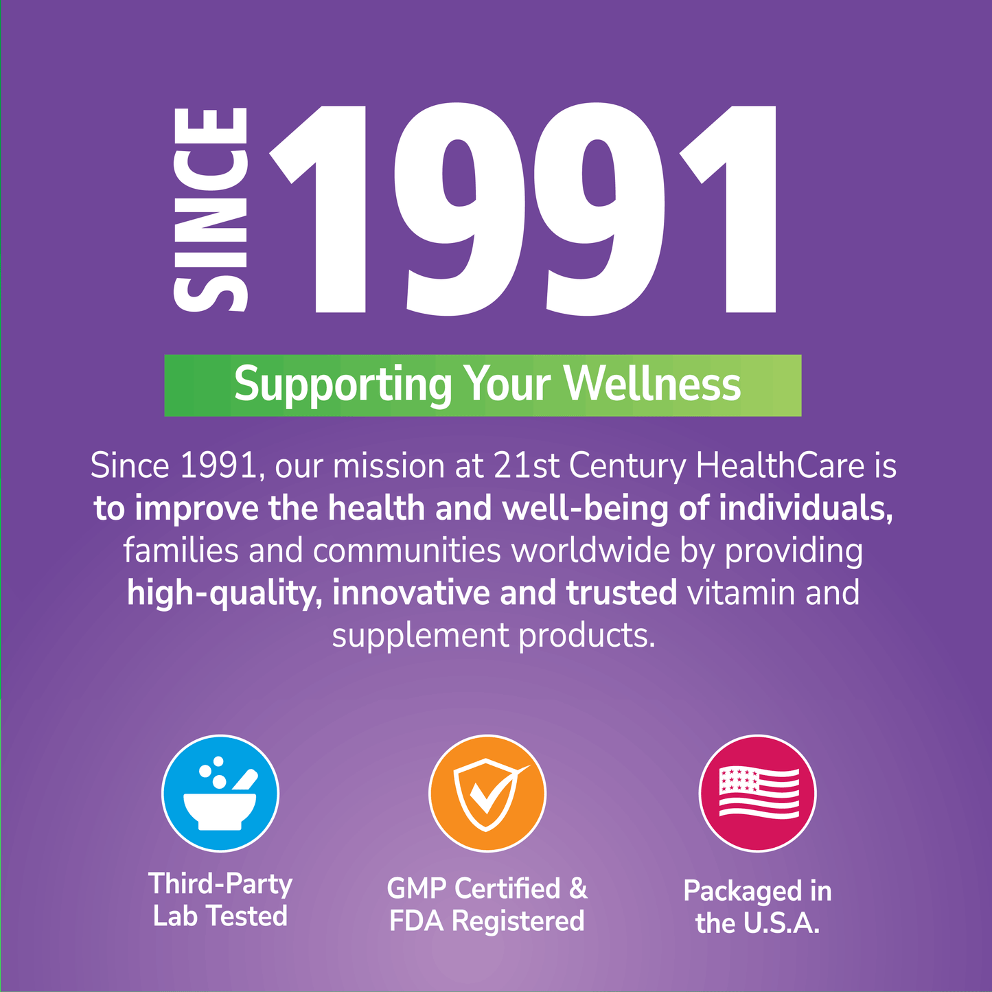 Promotional graphic for 21st Century HealthCare with text and icons on a purple background