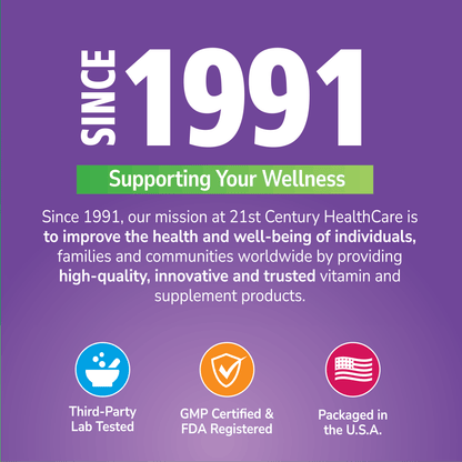 Promotional graphic for 21st Century HealthCare with text and icons on a purple background
