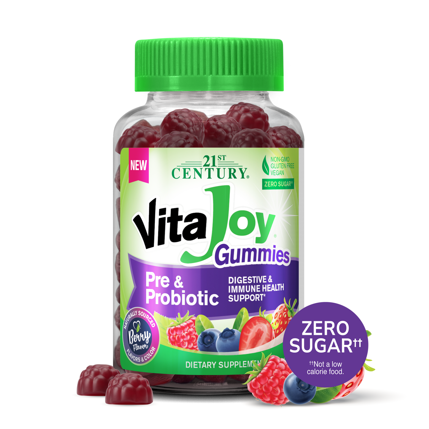 Bottle of 21st Century VitaJoy Pre & Probiotic Gummies with a green lid on a white background