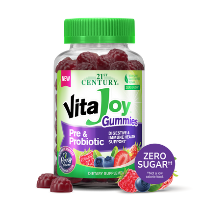 Bottle of 21st Century VitaJoy Pre & Probiotic Gummies with a green lid on a white background