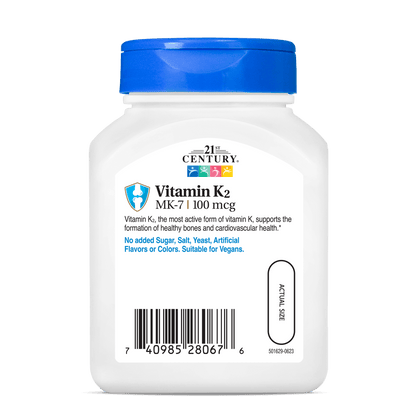 Back side bottle view of 21st Century Vitamin K2 100 mcg MK-7 vegetarian capsules.