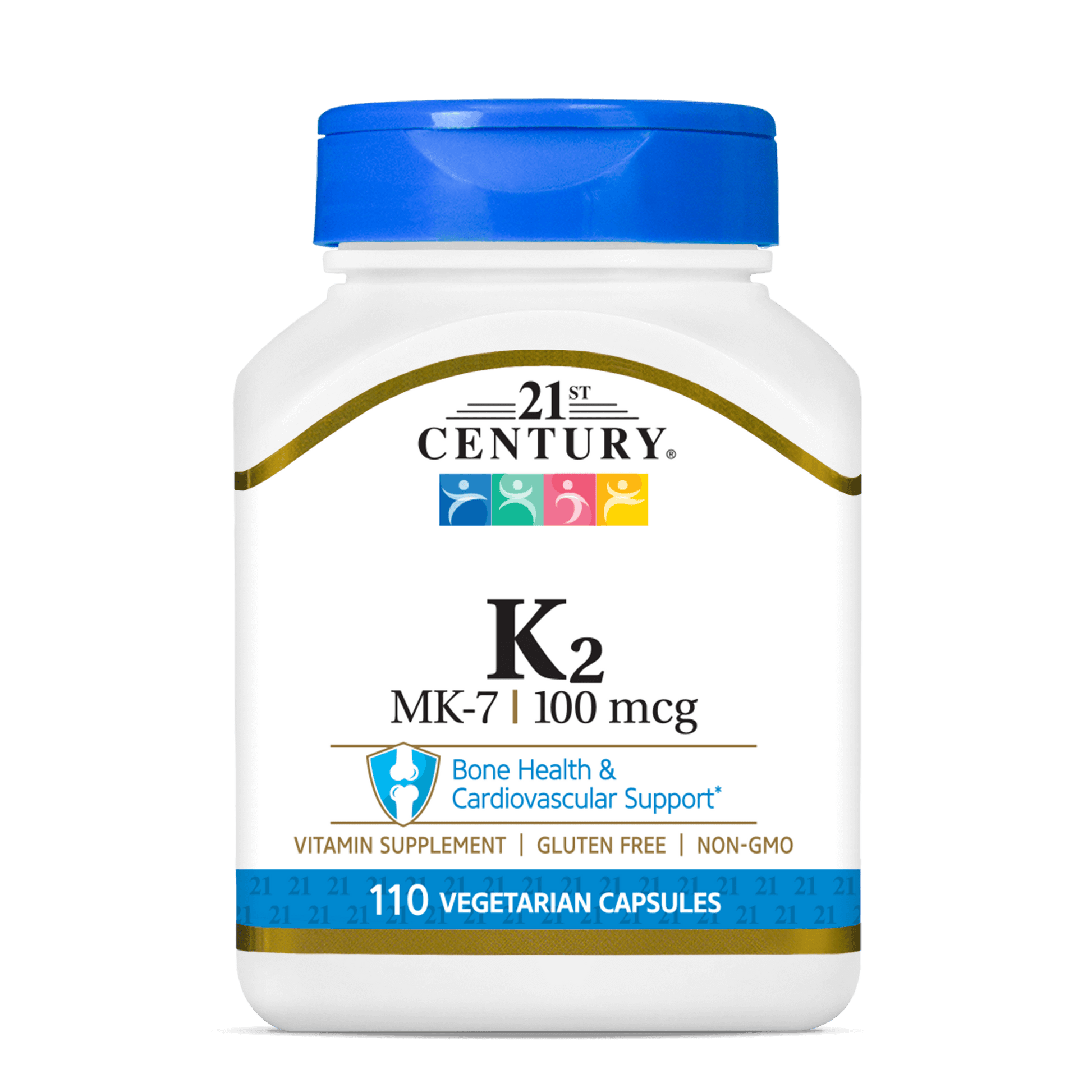A bottle of 21st Century Vitamin K2 100 mcg MK-7 vegetarian capsules.