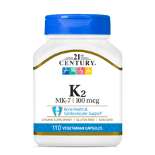 A bottle of 21st Century Vitamin K2 100 mcg MK-7 vegetarian capsules.