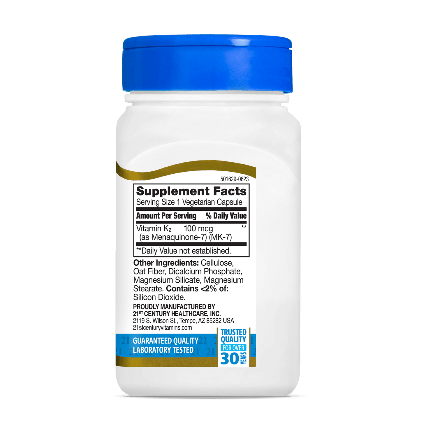 Right side bottle view of 21st Century Vitamin K2 100 mcg MK-7 vegetarian capsules.