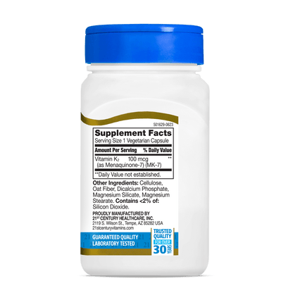 Right side bottle view of 21st Century Vitamin K2 100 mcg MK-7 vegetarian capsules.
