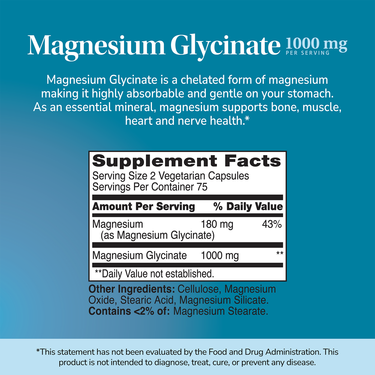 Supplement label for Magnesium Glycinate 1000mg with ingredient list and serving size on a blue background.