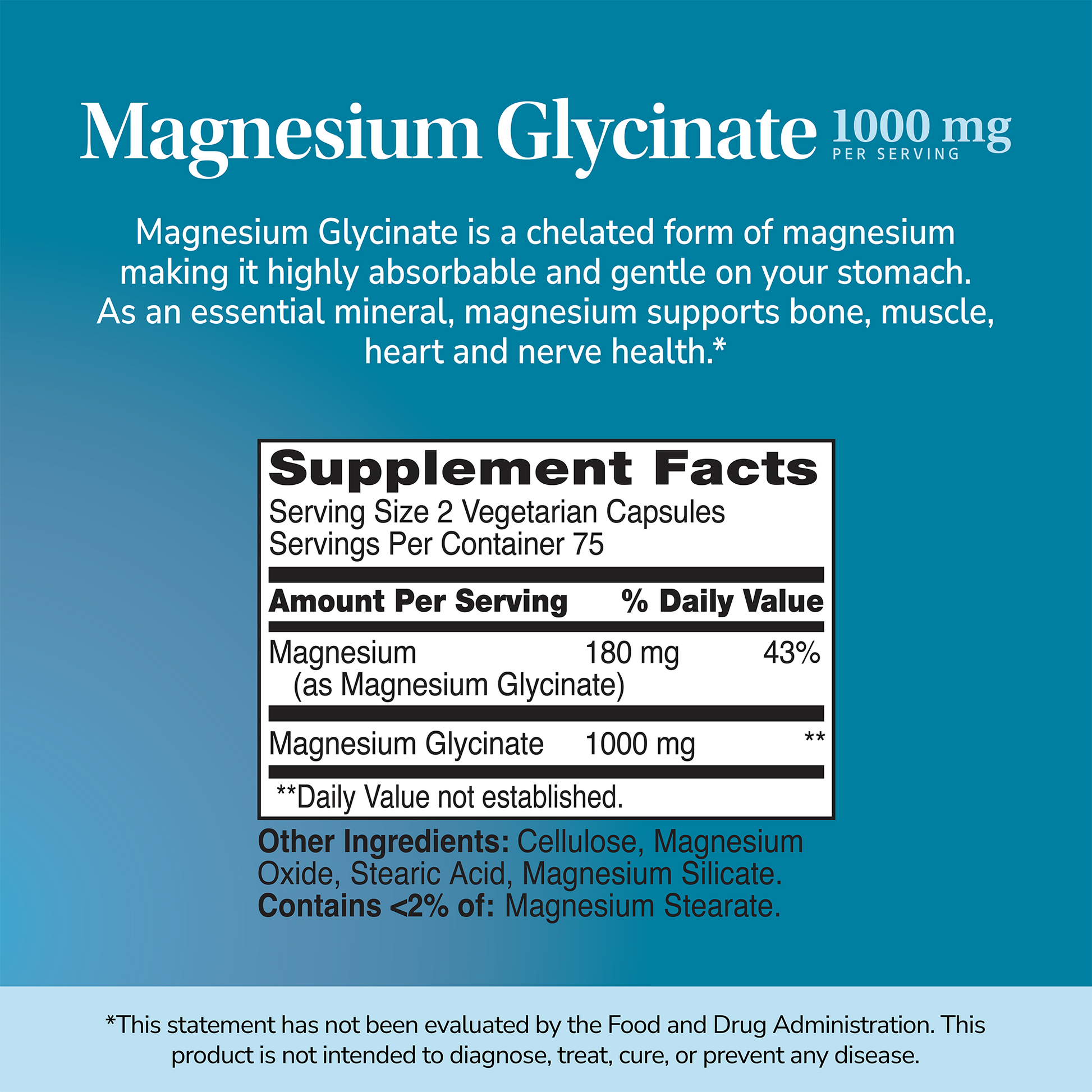 Supplement label for Magnesium Glycinate 1000mg with ingredient list and serving size on a blue background.