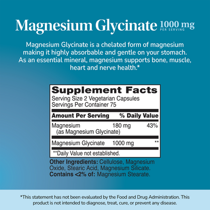 Supplement label for Magnesium Glycinate 1000mg with ingredient list and serving size on a blue background.