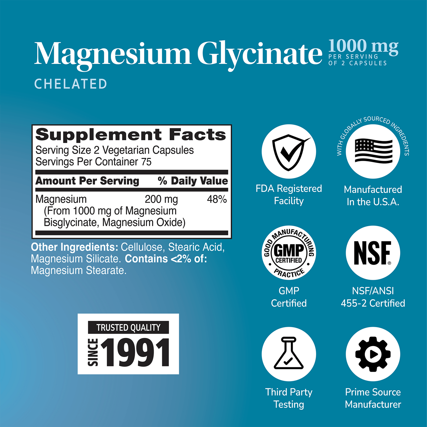 Supplement label for Magnesium Glycinate with ingredient list and serving size on a blue background with quality image icons 