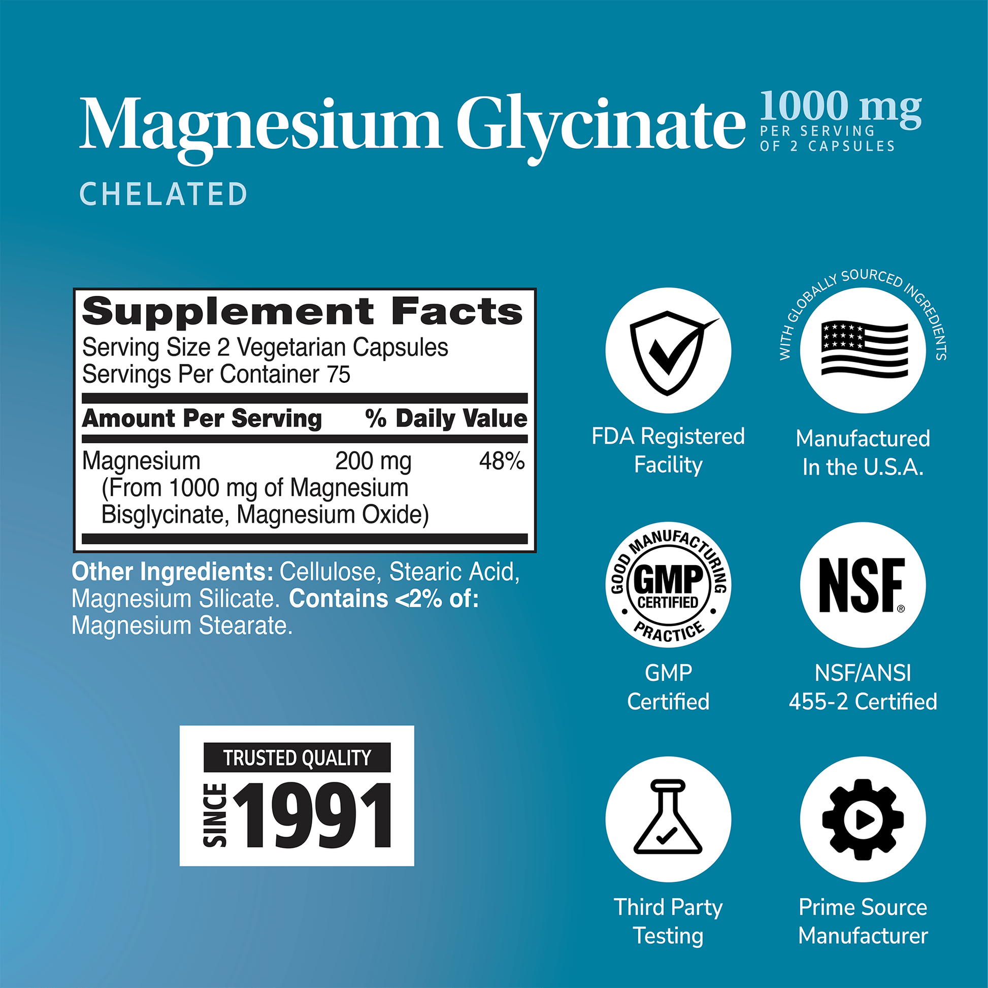 Supplement label for Magnesium Glycinate with ingredient list and serving size on a blue background with quality image icons 