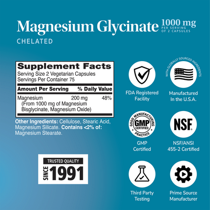 Supplement label for Magnesium Glycinate with ingredient list and serving size on a blue background with quality image icons 