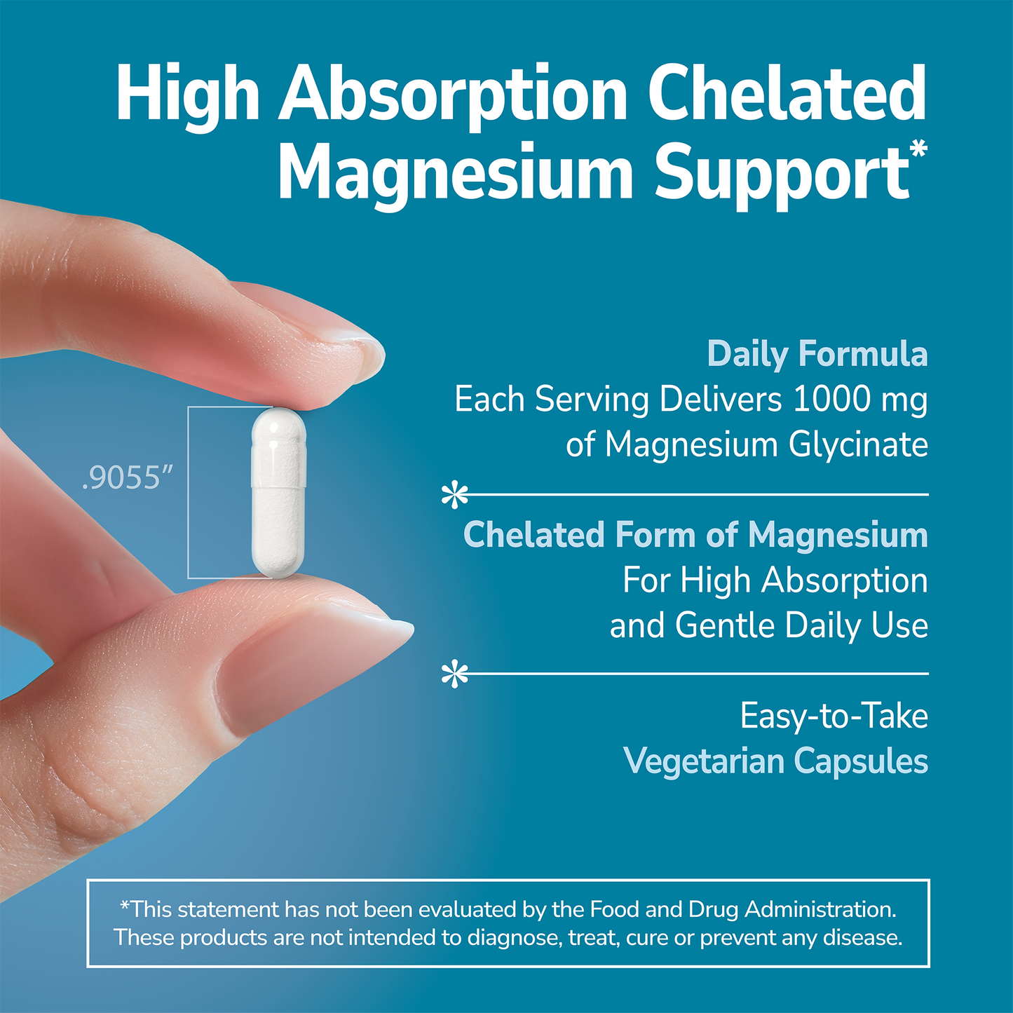 Hand holding a Magnesium Glycinate supplement with text about magnesium glycinate benefits on a blue background