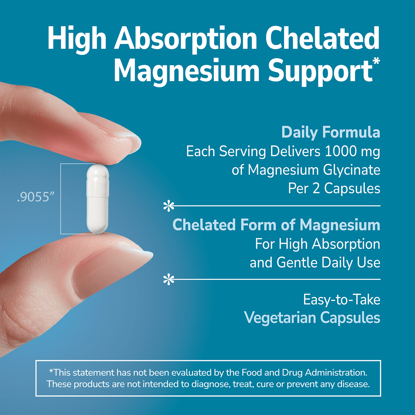 Hand holding a Magnesium Glycinate supplement with text about product benefits on a blue background