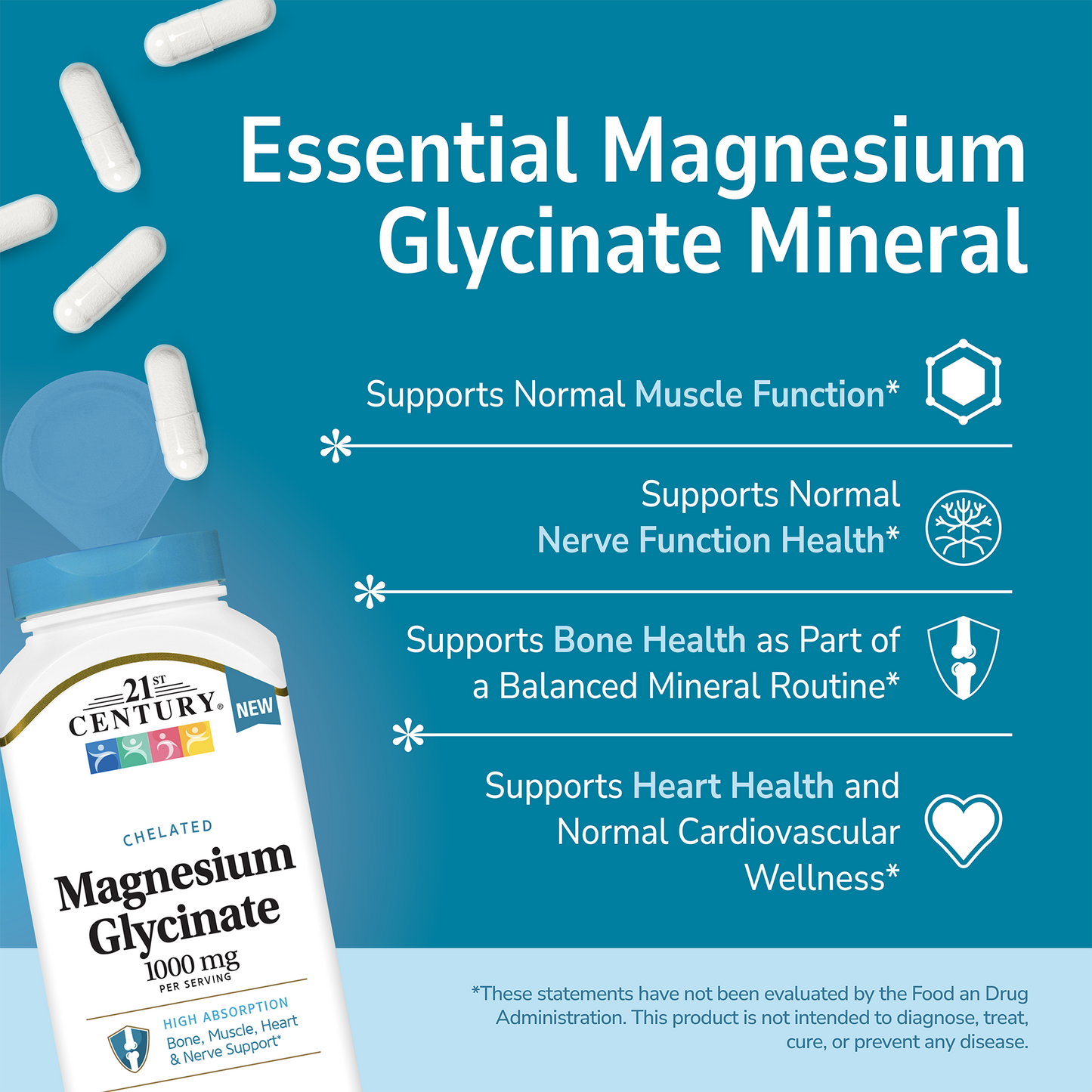 21st Century Magnesium Glycinate 1000mg mineral supplement bottle with pills spilling out and white text on a blue background