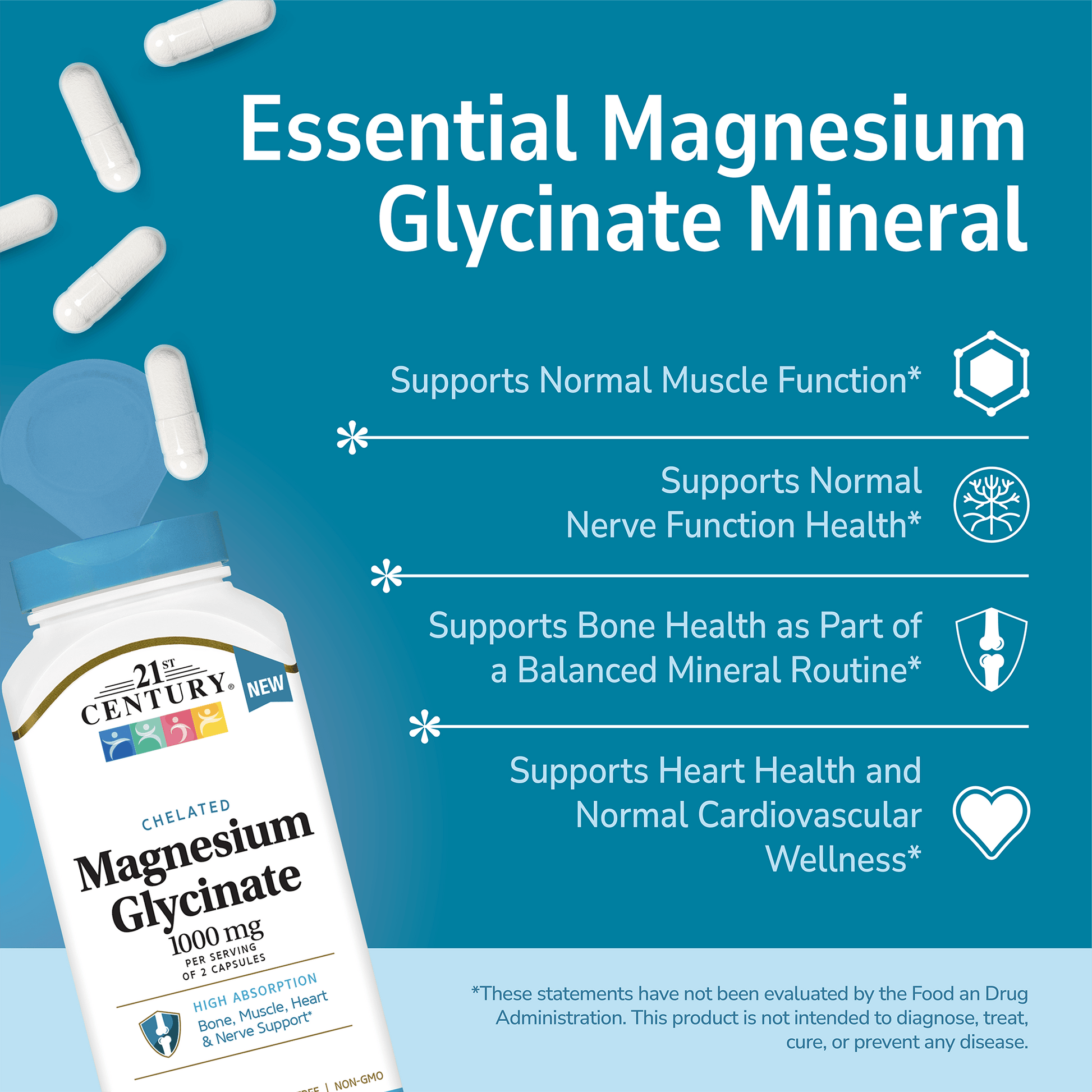 21st Century Magnesium Glycinate 1000mg mineral supplement bottle with pills spilling out and white text on a blue background