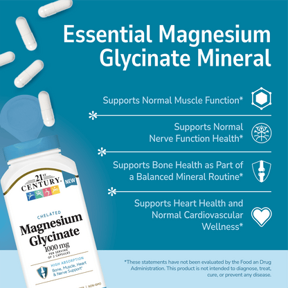 21st Century Magnesium Glycinate 1000mg mineral supplement bottle with pills spilling out and white text on a blue background