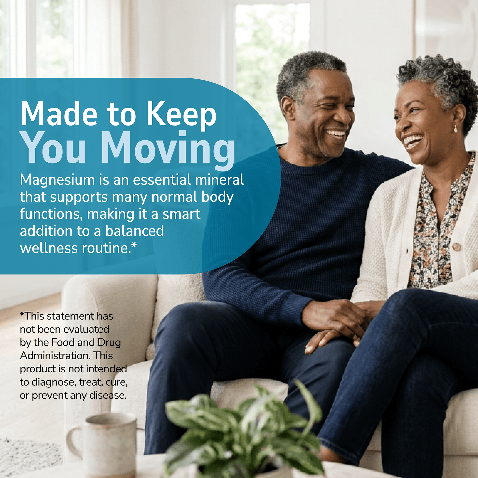 Couple sitting on a sofa with health supplement information overlay