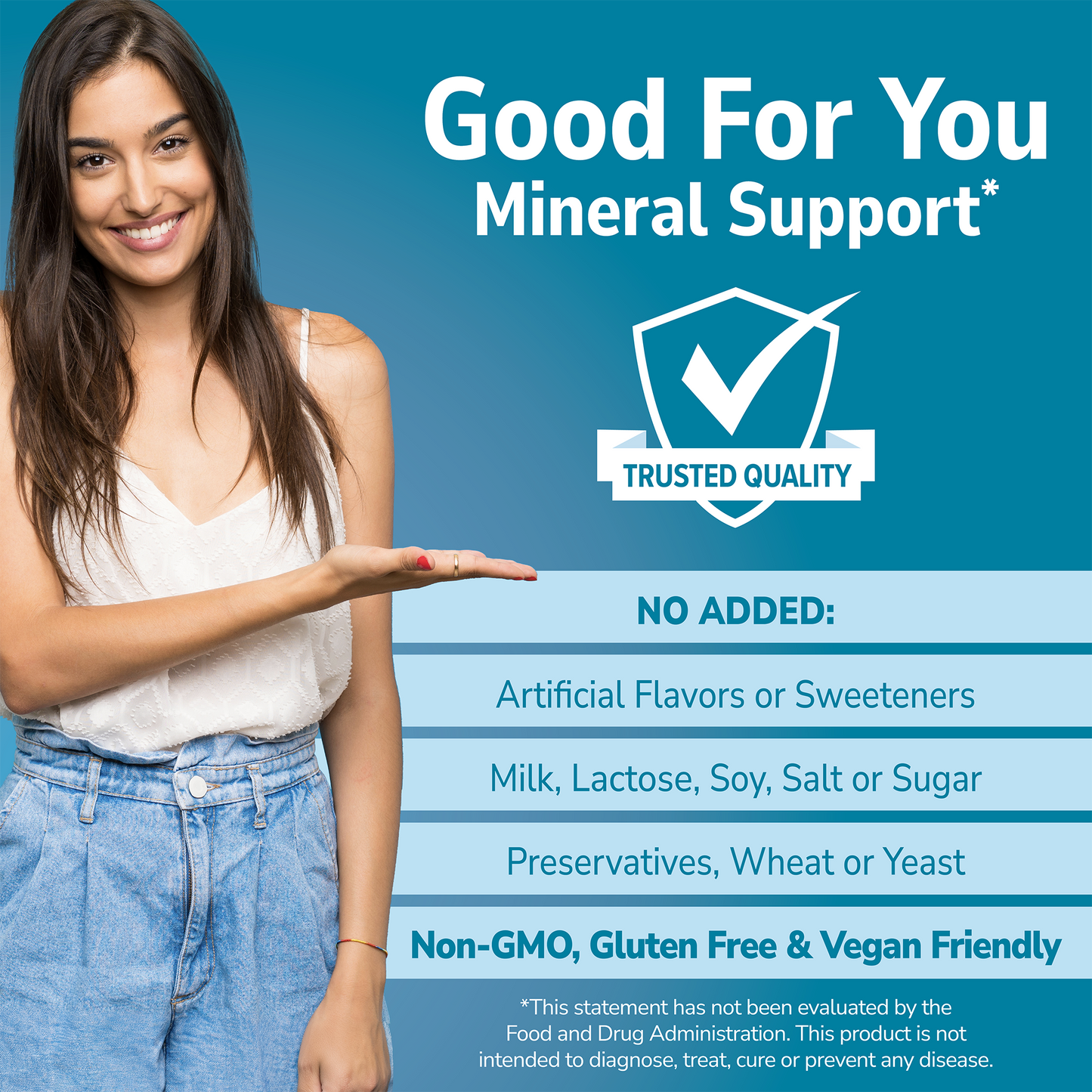 Woman holding her hand out with 'Good For You' branding on a blue background