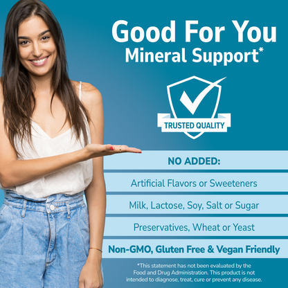 Woman holding her hand out with 'Good For You' branding on a blue background