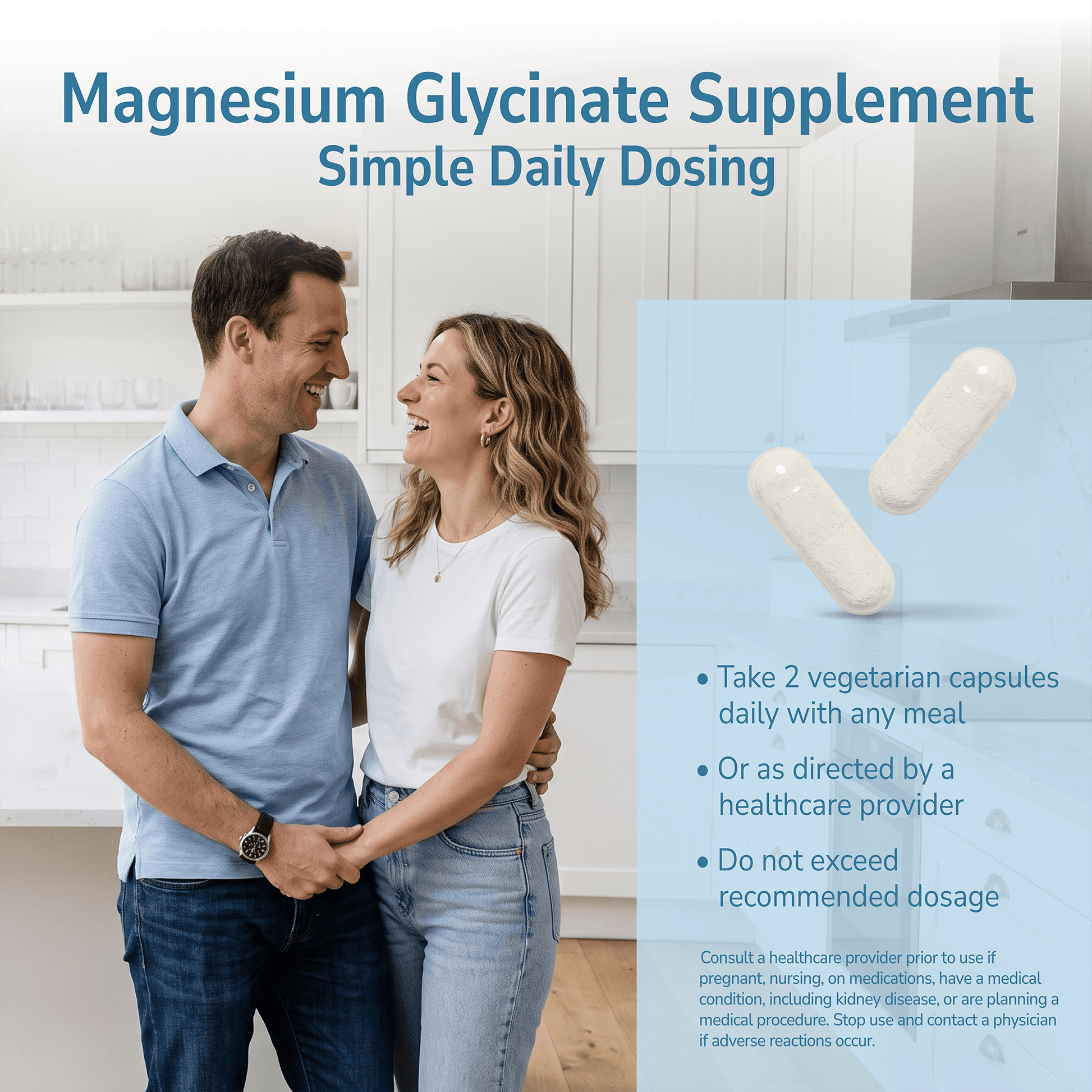 Man and woman smiling indoors with a product advertisement overlay and product directions