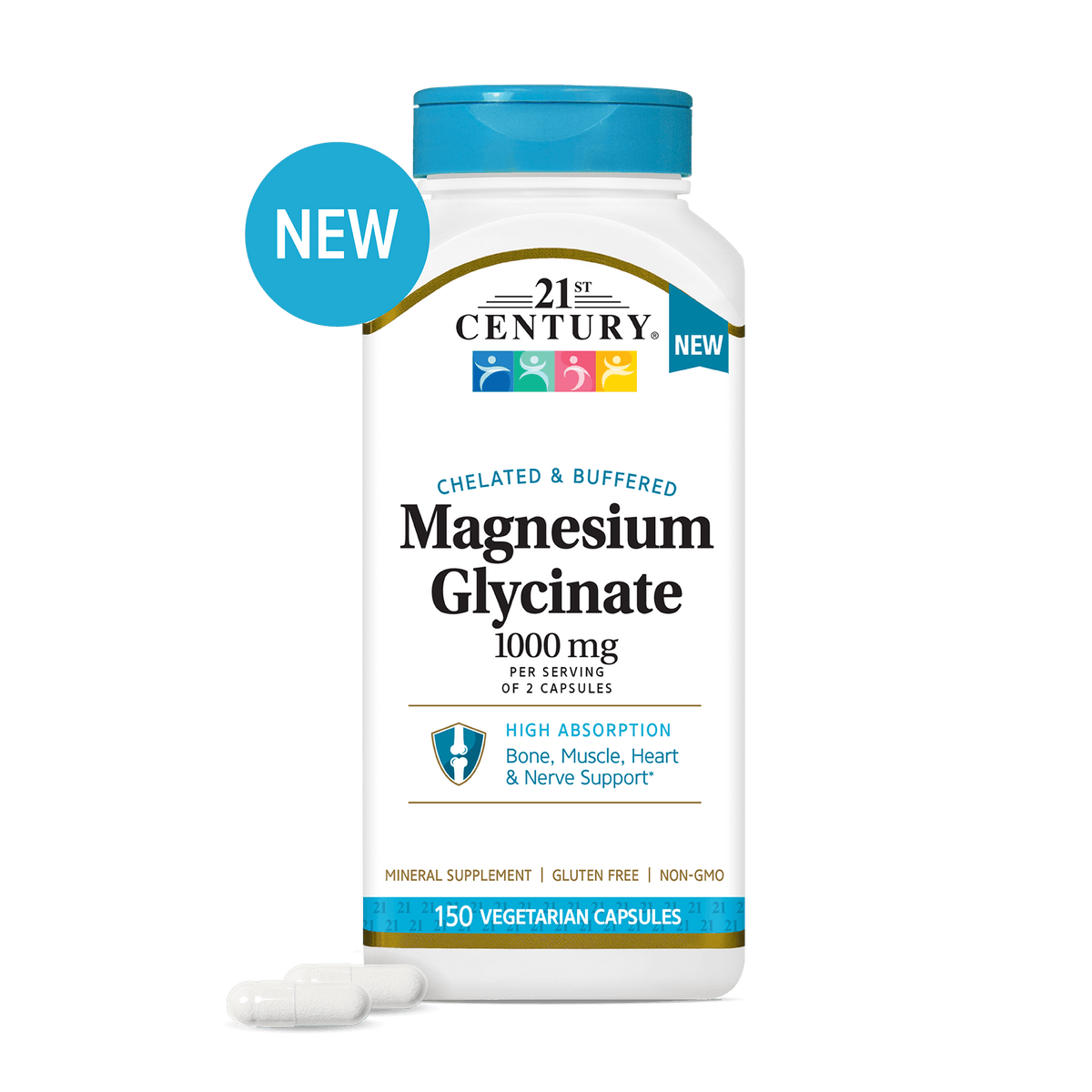 A bottle of 21st Century Magnesium Glycinate 1000 mg dietary supplement with two capsules in front.