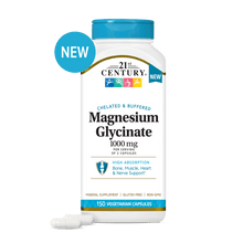 A bottle of 21st Century Magnesium Glycinate 1000 mg dietary supplement with two capsules in front.
