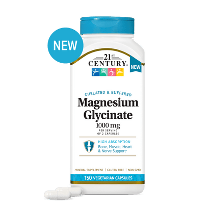 A bottle of 21st Century Magnesium Glycinate 1000 mg dietary supplement with two capsules in front.