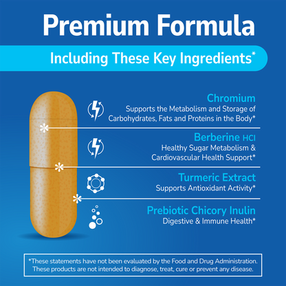 GLP-1 Vitamins with key ingredients listed on a blue background