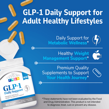 A bottle of 21st Century GLP-1 Daily Support with the cap open and glp-1 capsules coming out of the top and the claims GLP-1 Daily Support for Adult Healthy Lifestyles, daily support for metabolism wellness, healthy weight management support and premium quality supplement to support your health journey.