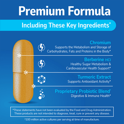 An image of the 21st Century GLP-1 capsule with the claims premium formula including these key features, chromium supports the metabolism and storage of carbohydrates, fats and protein in the body, berberine hcl, healthy sugar metabolism and cardiovascular health support, turmeric extract supports antioxidant activity and proprietary probiotic blend, digestive and immune health.