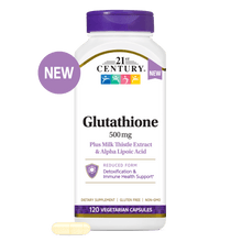 A bottle of 21st Century Glutathione 500 mg plus Milk Thistle Extract & Alpha Lipoic Acid with a glutathione capsule in front.