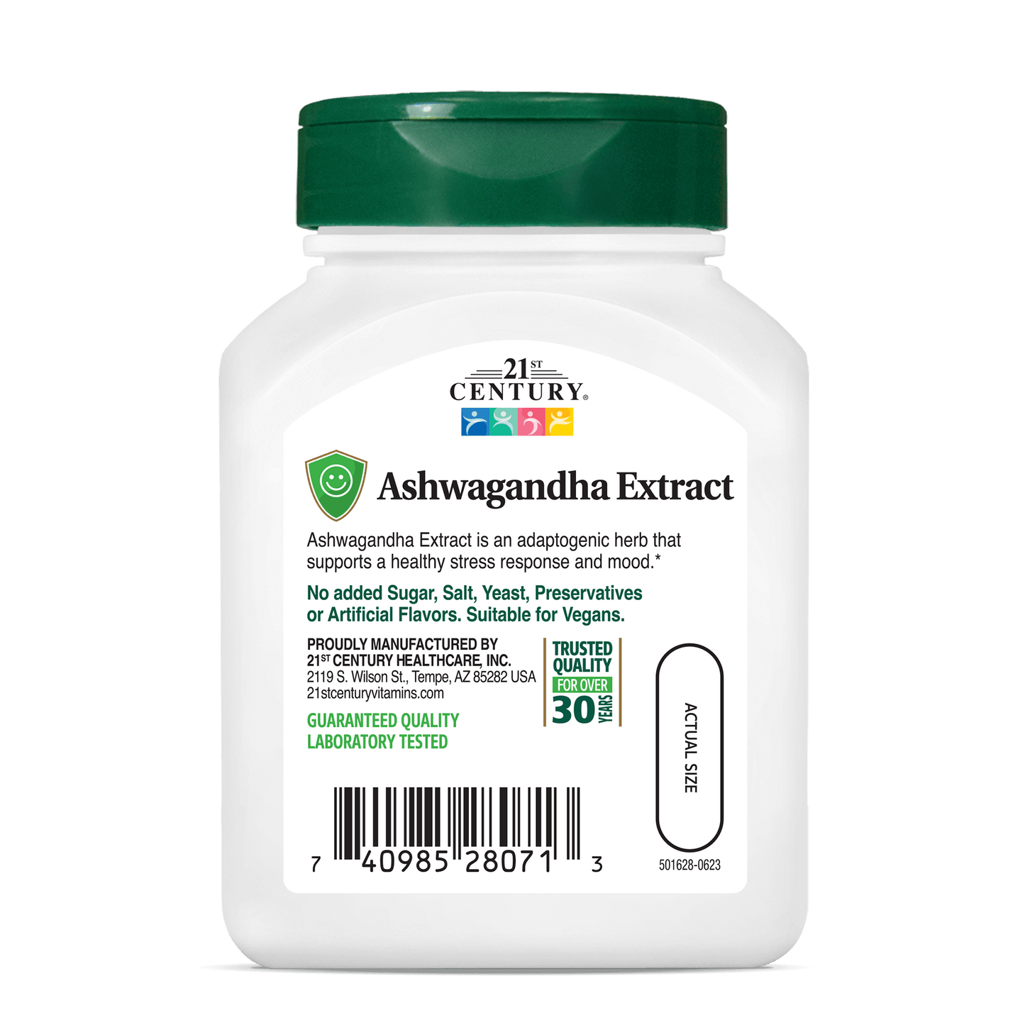 Back side bottle view of 21st Century Ashwagandha Extract vegetarian capsules.
