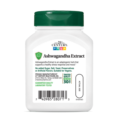 Back side bottle view of 21st Century Ashwagandha Extract vegetarian capsules.