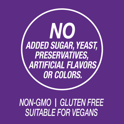 A graphic icon with the words no added sugar, yeast, preservatives, artificial flavors or colors, non-GMO, gluten free and suitable for vegans.