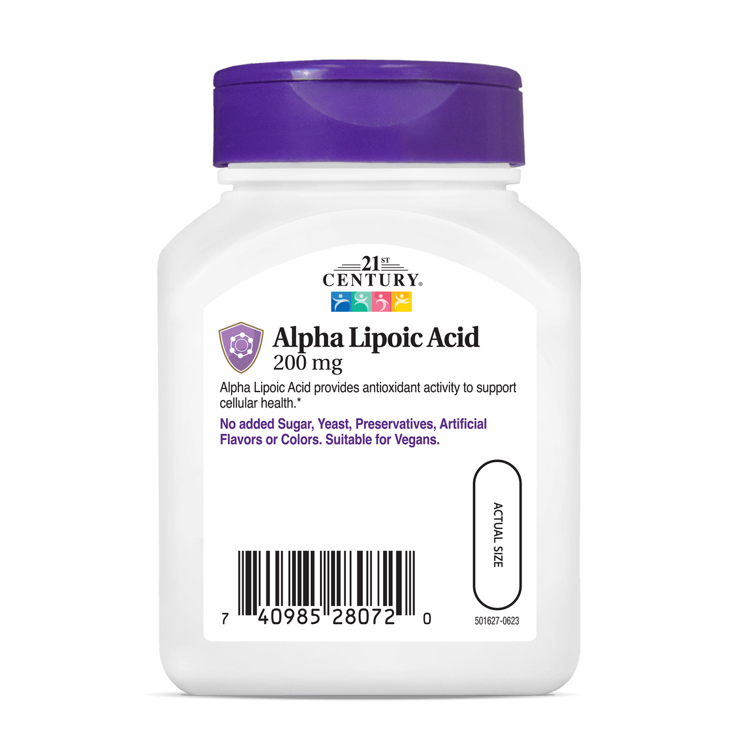 Back side bottle view of 21st Century Alpha Lipoic Acid 200 mg capsules.