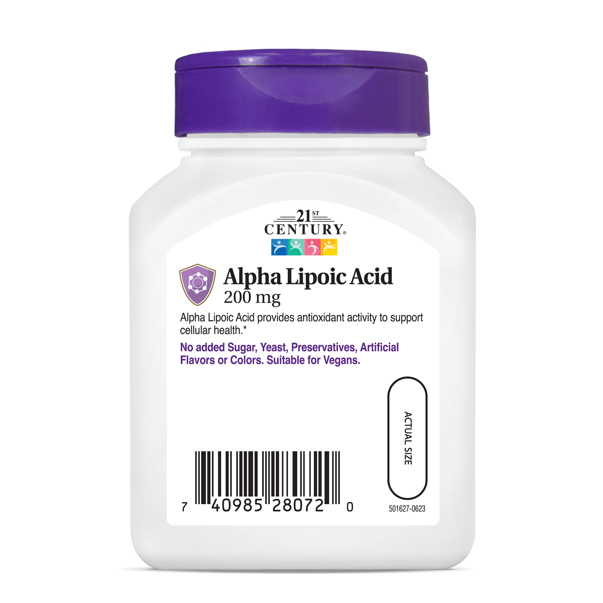 Back side bottle view of 21st Century Alpha Lipoic Acid 200 mg capsules.