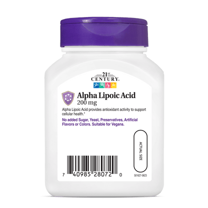 Back side bottle view of 21st Century Alpha Lipoic Acid 200 mg capsules.