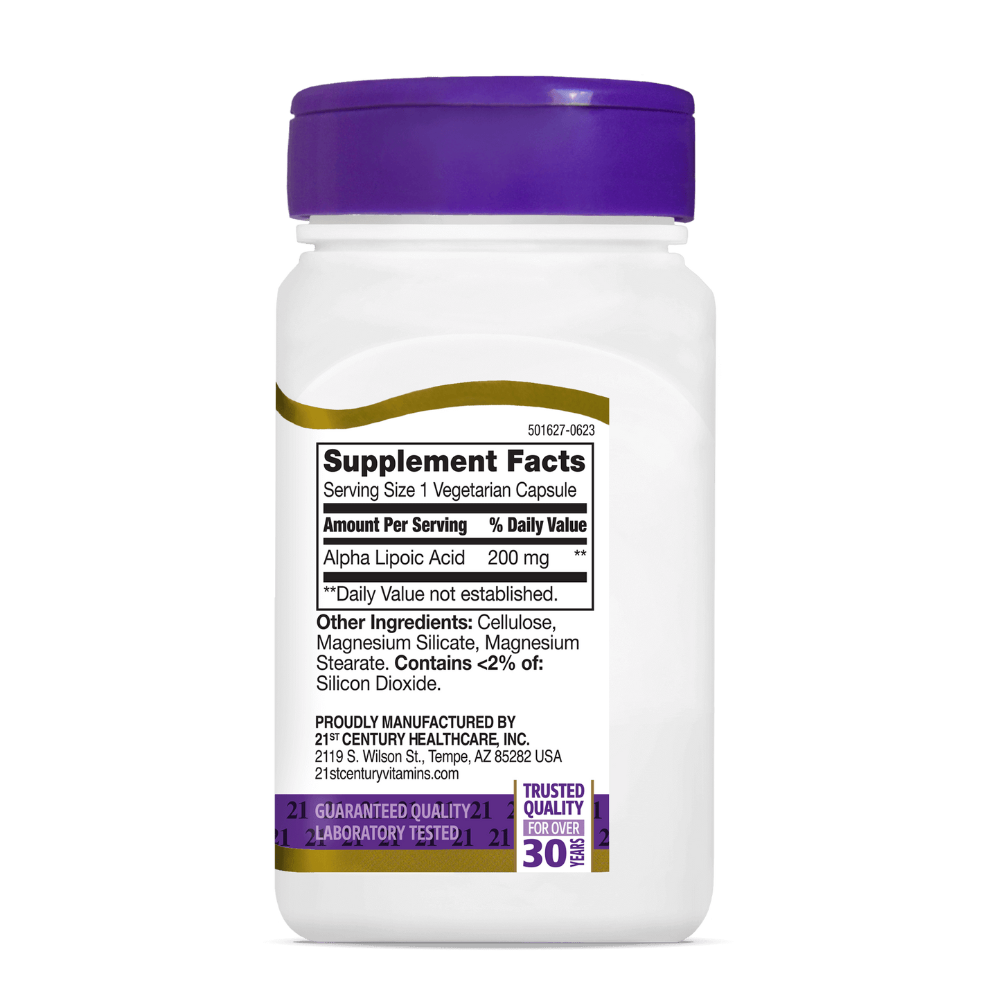 Left side bottle view of 21st Century Alpha Lipoic Acid 200 mg capsules.