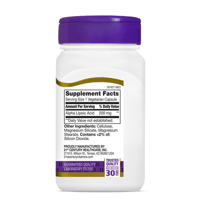 Left side bottle view of 21st Century Alpha Lipoic Acid 200 mg capsules.