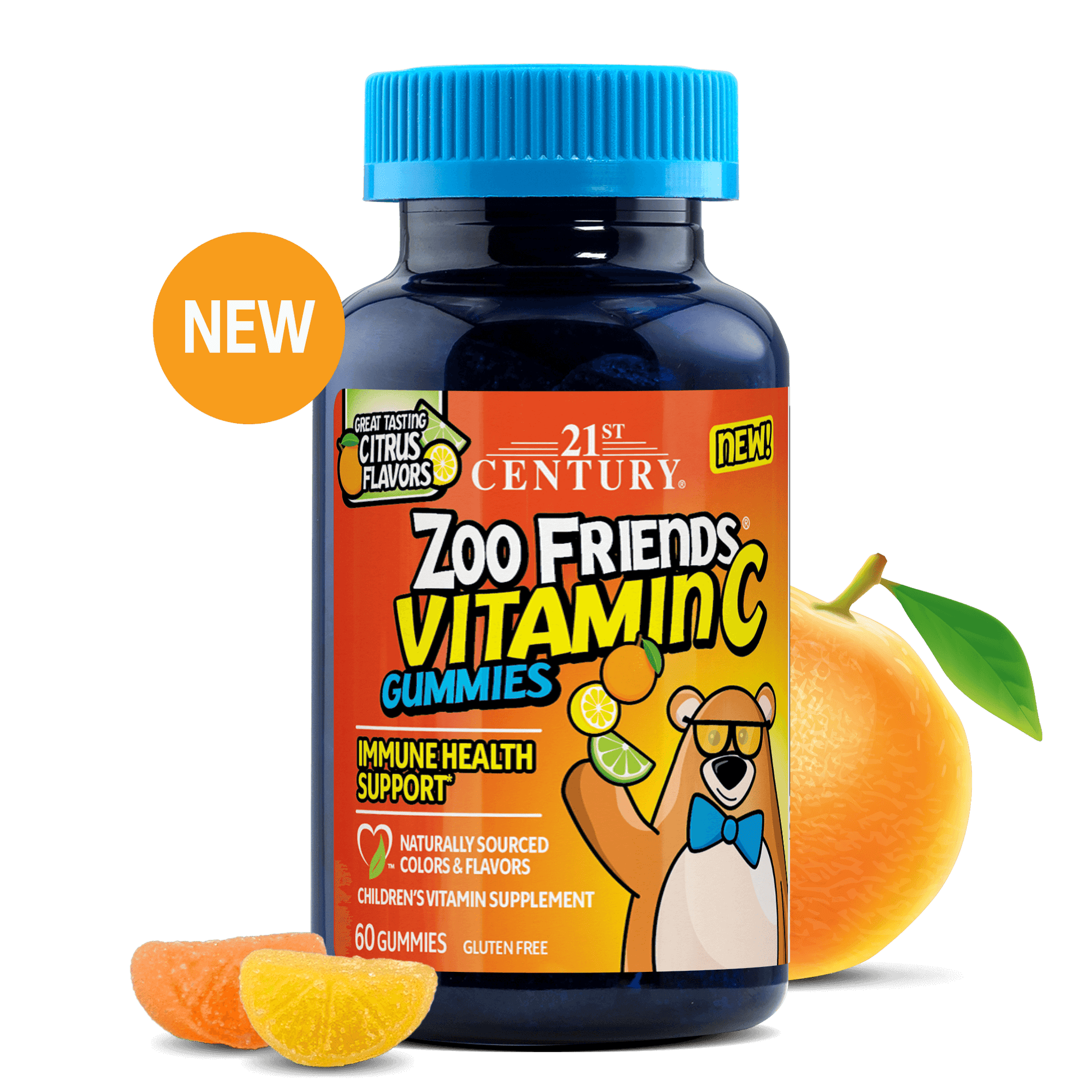 Bottle of 21st Century Zoo Friends Vitamin C Gummies with an orange and cartoon character