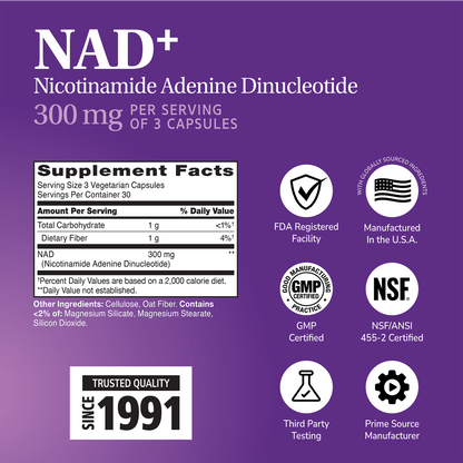 Supplement label for NAD+ with ingredient list and serving size on a purple background with quality image icons 